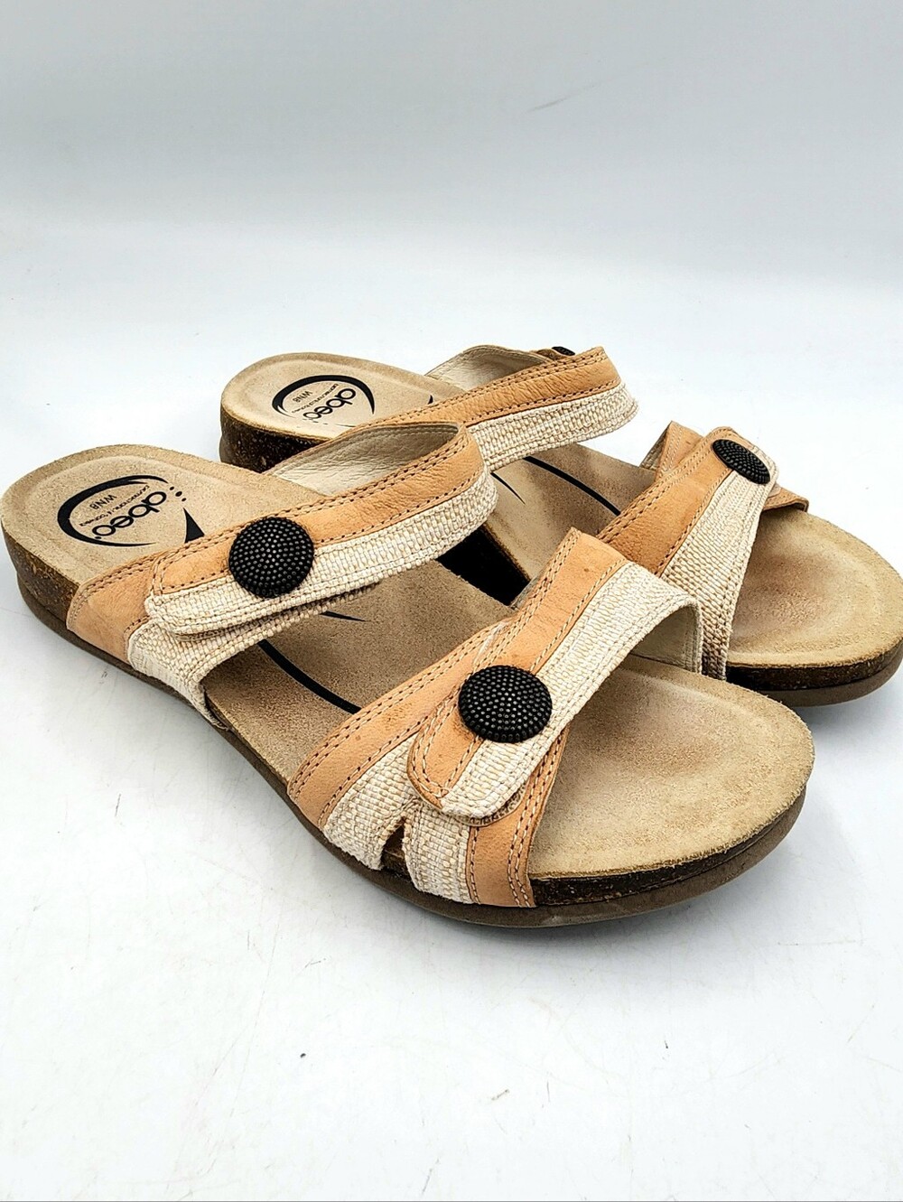 Abeo Barbara Leather Cork Textile Sandals Womens 8 N Beige Tan Mini Wedge Shoes